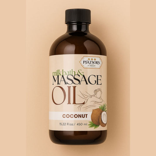 Bottle of coconut milkbath and massage oil with a beige label on a beige background